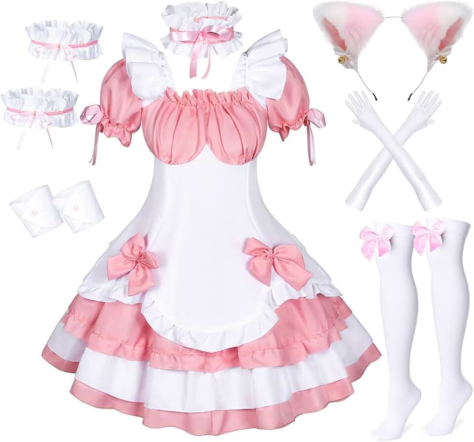 Anime French Maid Lolita Fancy Queen Princess Dress Cosplay Costume Furry Cat Ear Gloves Socks Set