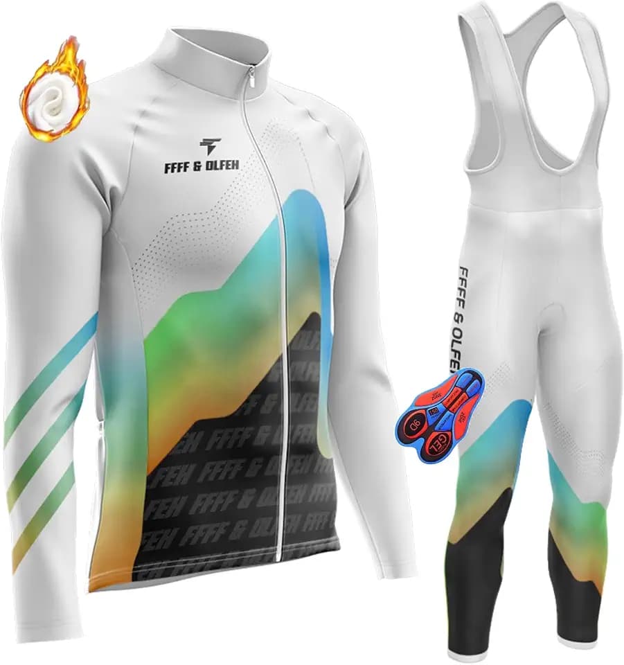 Herren Langarm Radtrikot Set Winter Radsportanzüge,Thermo Fahrradhose Lang mit Trägern - Warm - Atmungsaktiv - Reflektoren