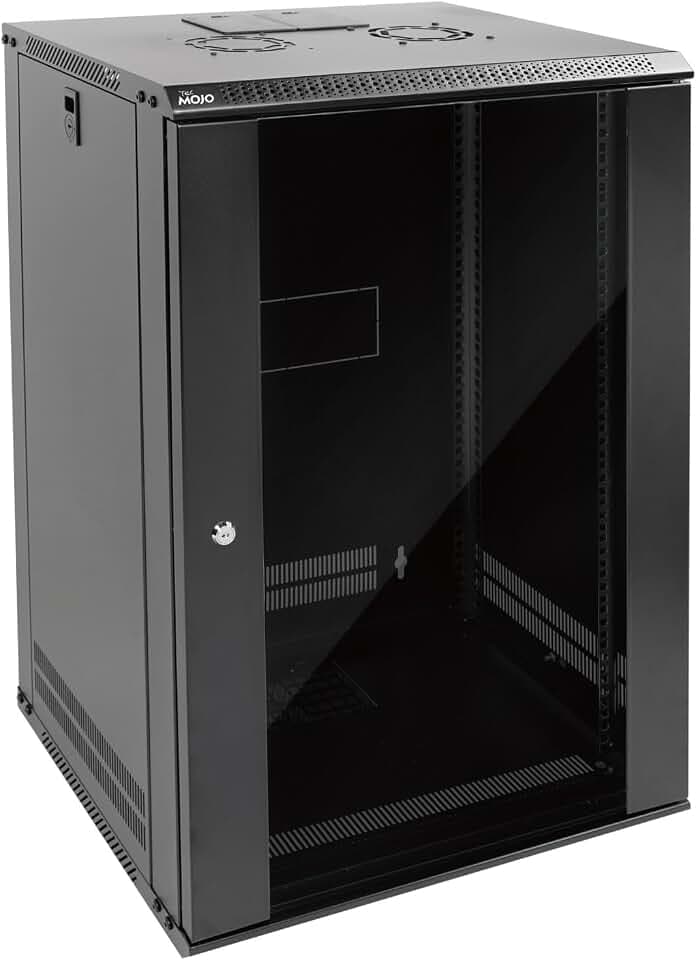 Tecmojo 19 Zoll 18HE 450mm Tief Netzwerk-Schrank, Wand-Serverschrank, 19" IT-Netzwerk-Rack-Gehäuse, abschließbare Tür und Seitenwände, Glastür, Flachverpackung, Schwarz