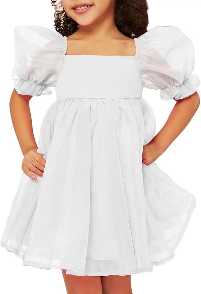 WDIRARA Toddler Girl's Mesh Tulle Dress Square Neck Puff Short Sleeve Ruffle Hem Birthday Party Cute A Line Midi Dress