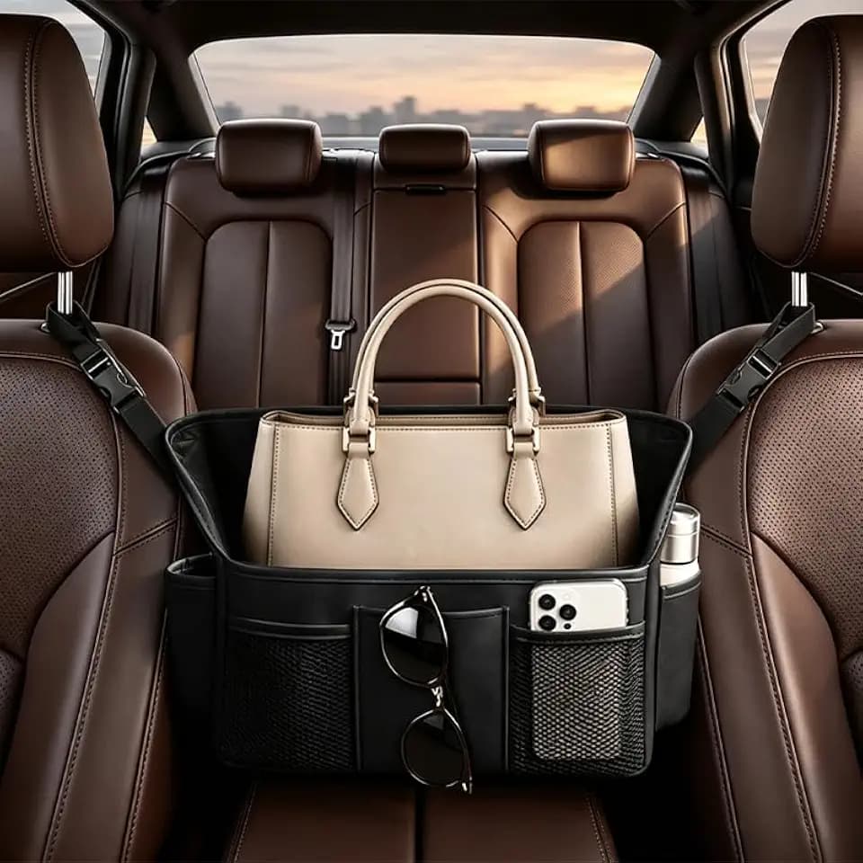 Car Organizer Between Seats, Front Seat Purse Holder, Net Pocket Barrier