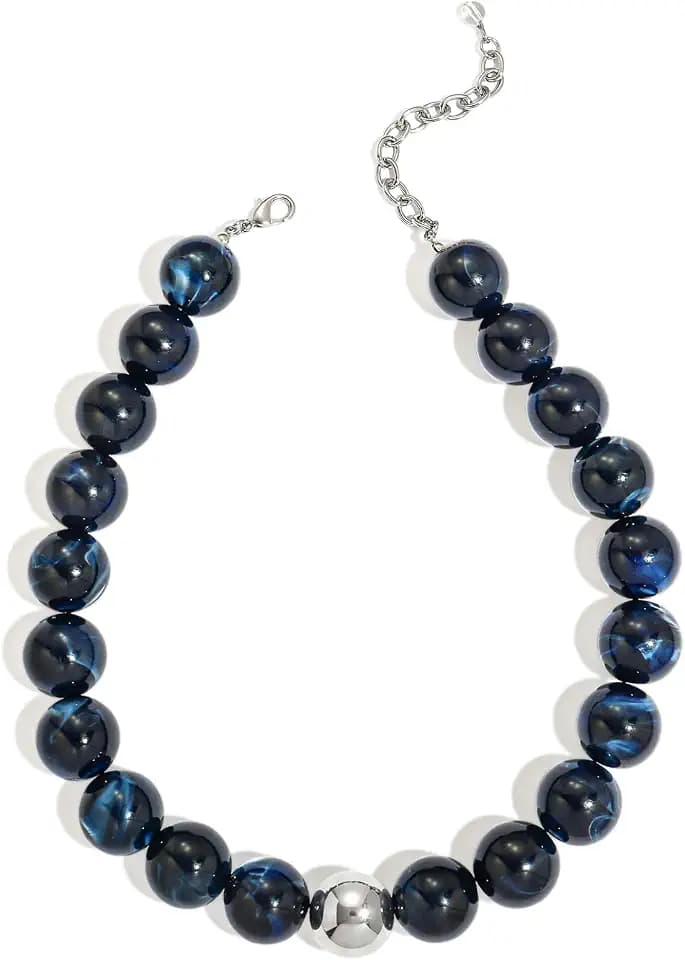 Chunky Beaded Choker Necklace for Women Boho Statement Necklace with Large Pearl Blue Brown Tone Resin Beads Summer Beach Jewelry Gifts