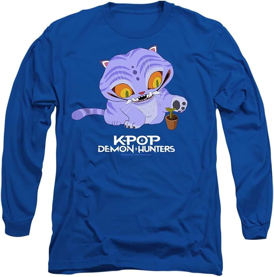 KPop Demon Hunters Unisex K-pop Demon Hunters-Cute Derpy Tiger Cartoon Long Sleeve, Navy T-Shirt