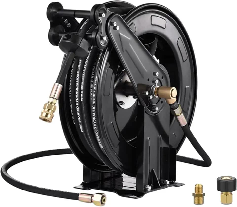 Pressure Washer Hose Reel, 50 ft x 3/8 inch Retractable Power Heavy-Duty Steel Washer Hose Reel 4000PSI,Auto-Rewinding, Flexible Wall/Floor Mounted for Car Washing,Floor Cleaning,Garden
