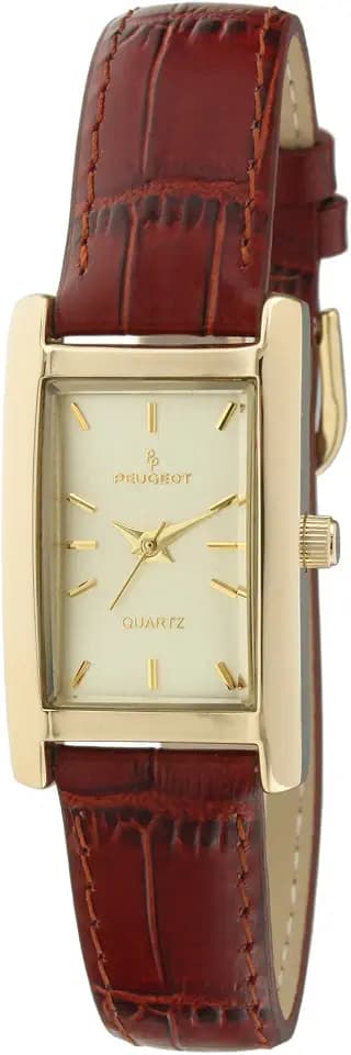 Peugeot Women's Classic 14Kt Gold Plated Watch, Rectangular Tank Shape Case with Leather Band and Easy to Read Dial