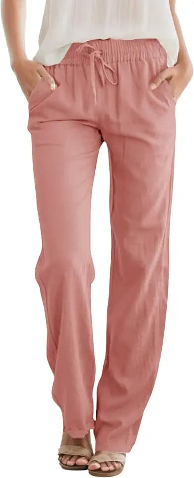 SEMARO Womens Casual Linen High Waist Pants Drawstring Loose Fit Summer Pants Trousers with Side Pockets