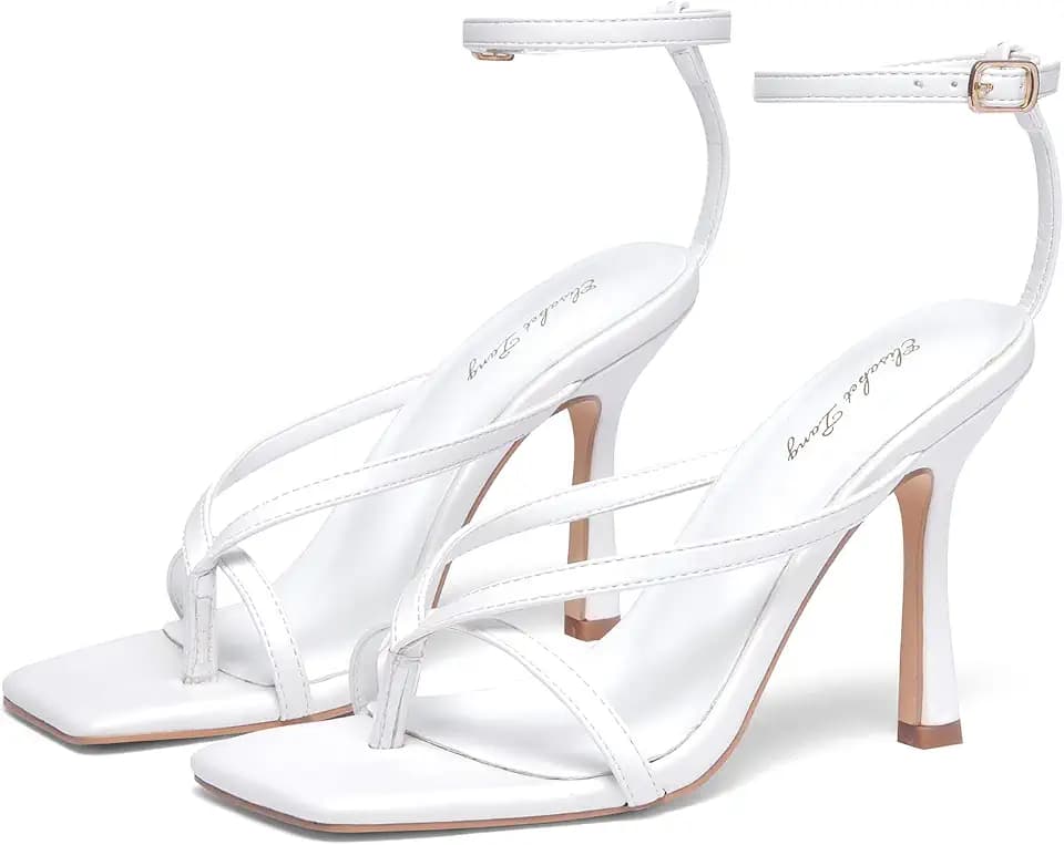 Elisabet Tang Womens Square Toe Heeled Sandals,4.3 inch Square Toe Thong Strappy Ankle Strap Stiletto Heel Sandals Wedding Dress Party Shoes