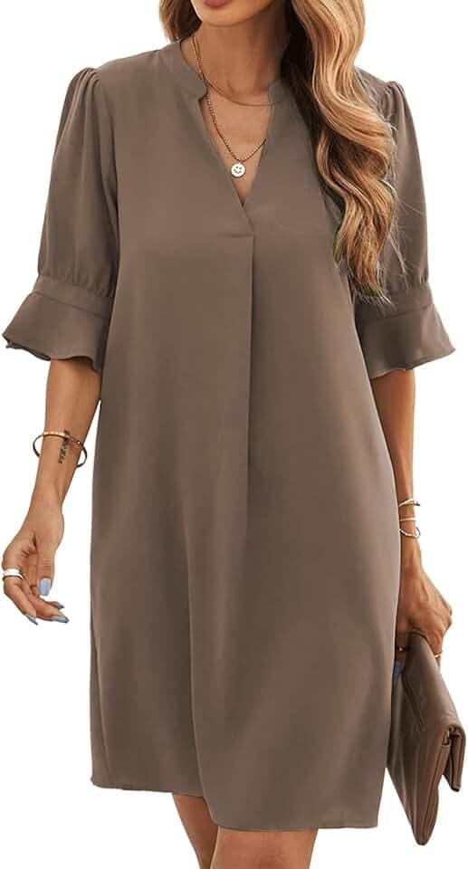 Famulily Frauen V-Ausschnitt Halbarm Hemdkleid Elegant Sommer Casual Einfarbig Kurzes Kleid S-XXL