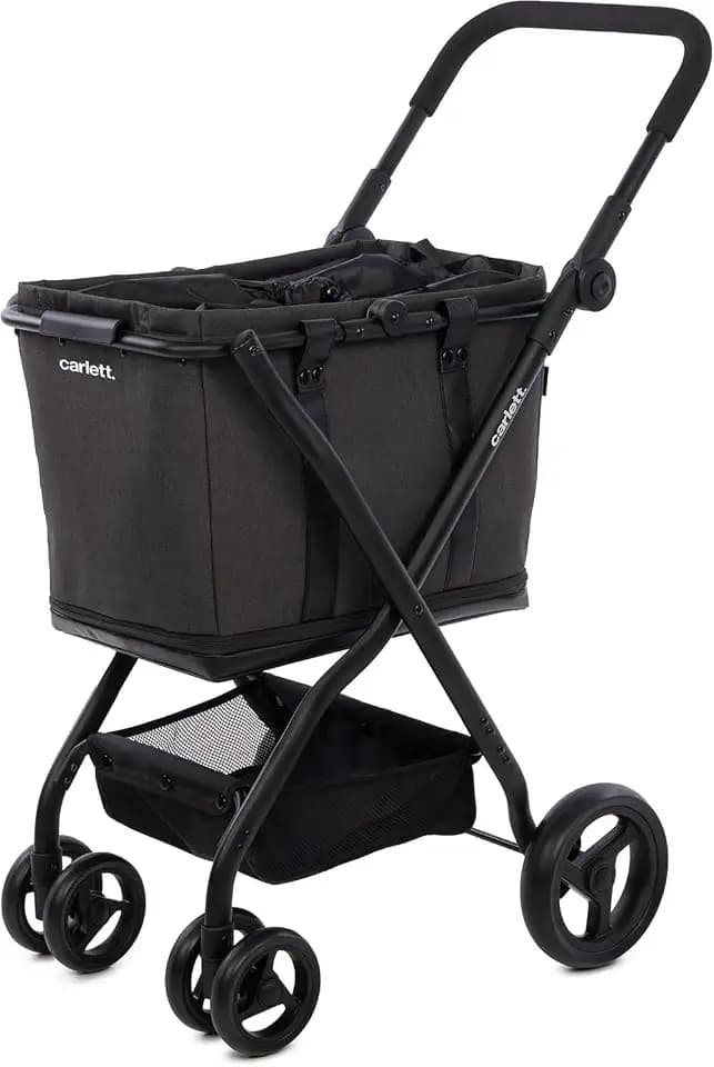 Carlett Einkaufstrolley mit 4 Rädern, faltbar, Tasche 50–75 L, höhenverstellbarer Griff, Sicherheitsbremse, Korb als Tragetasche nutzbar, wasserabweisend mit Regenüberzug – Cube S, Schwarz