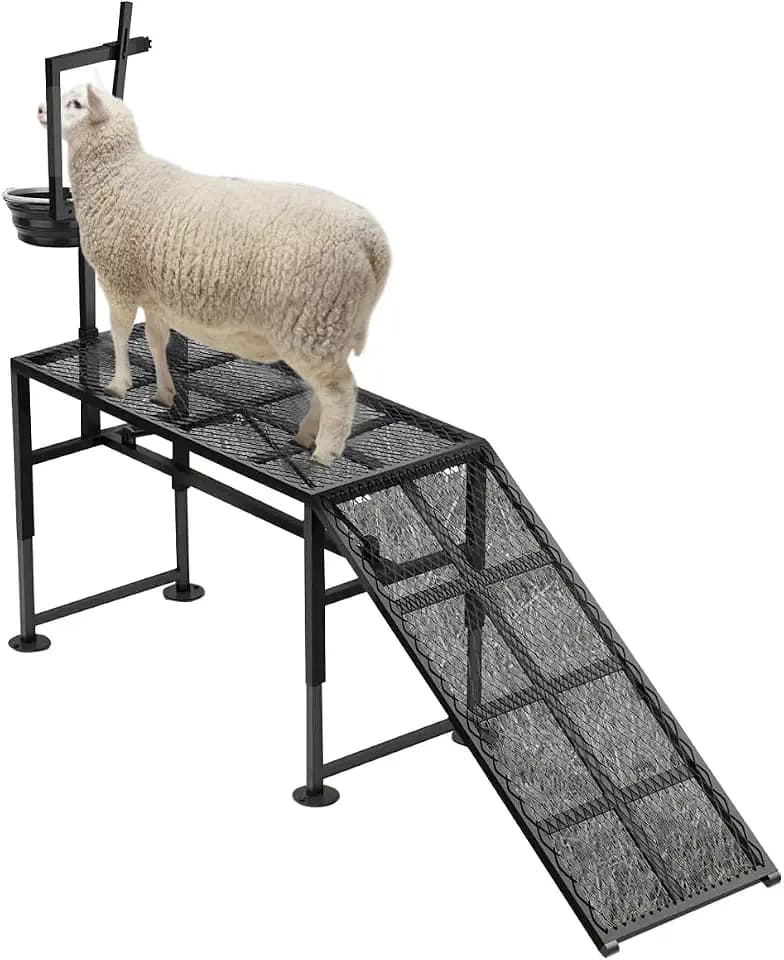600LBS Goat Milking Stand, Adjustable Height 18.8–28.8", Non-Slip Ramp Livestock Care Stand, Metal Goat Sheep Milking Grooming Hoof Trimming Station with Ramp and Feed Bin for Farm Daily Maintenance