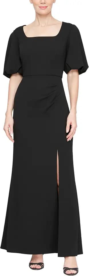 Alex Evenings Women's Long Square Neck Mother of The Bride Dress with Balloon Sleeve & Slit, Formal Gown