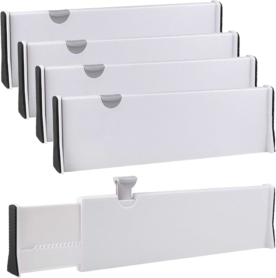 SENENQU 4er-Set Schubladentrenner Küche Verstellbar, 33.2-55 CM Plastik Schubladenteiler Hoch - 12.7CM, Schubladen Organizer für Küche, Kommode, Badezimmer, Schlafzimmer (Weiß)