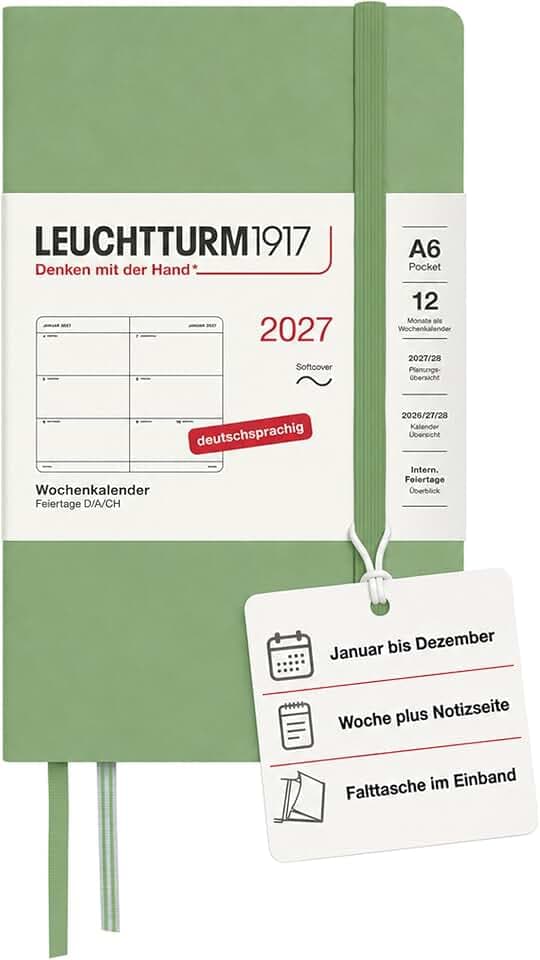 LEUCHTTURM1917 Wochenkalender 2027 Pocket (A6) - Deutsch, Salbei, Softcover, 90 x 150 mm, 12 Monate - Januar-Dezember 2027, 1 Woche pro Doppelseite, 80 g/m² Papier mit hoher Tintenverträglichkeit
