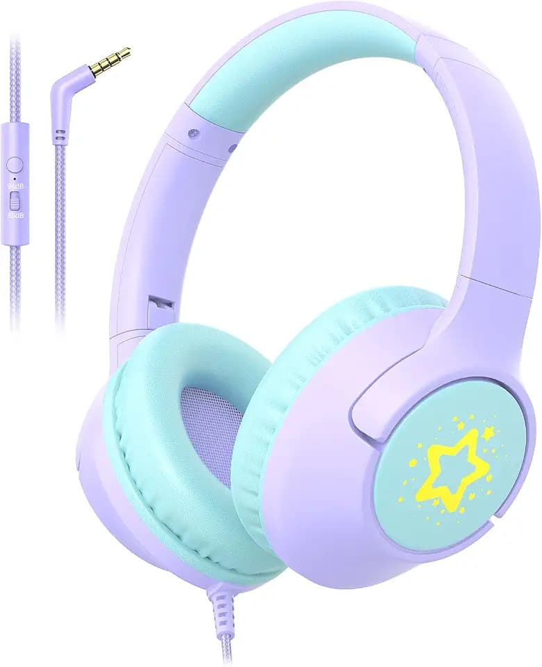 Kids Headphones Wired for School, 3.5mm Safe Volume Limit with Mic, Purple