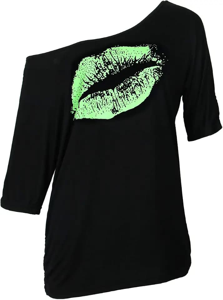 Smile Fish Damen-T-Shirt, schulterfrei, langärmelig, mit aufgedrucktem sexy Lippenmotiv Gr. XXXXXL, Schwarz / Grün