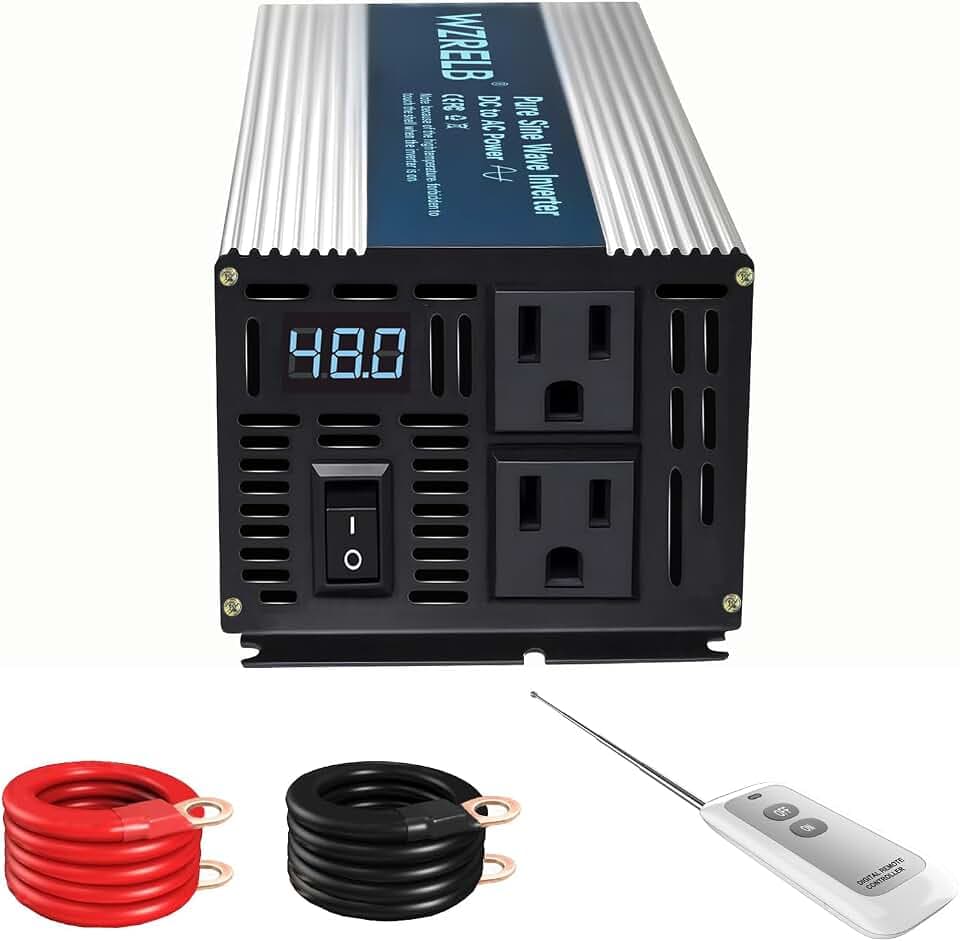 WZRELB 600W Pure Sine Wave Inverter 12V DC to 110V 120V AC Power Converter with LED Display, Remote Controller, Off-Grid Power Inverter 1200W Surge for Home, RV, Truck, Camping