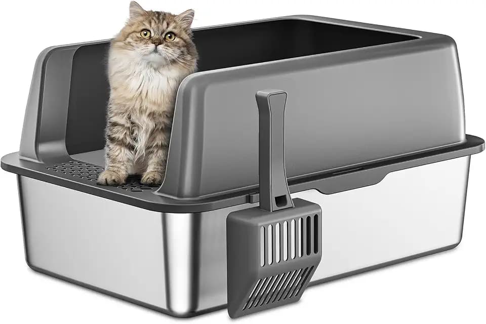 Zarler XL Edelstahl Katzenklo mit Deckel, 58x37x26cm - Hoher Rand Verhindert Streuen, Nicht Klebrig, Grau - Perfekt für Große Katzen