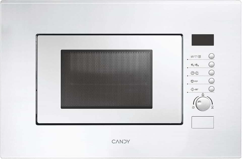 Candy MIC20GDFB, integrierte Mikrowelle mit Grill, 20 l, 1000 W, 8 Funktionen, digital, 8 Programme, Sicherheitsverriegelung, Teller 24,5 cm, Metallschale, Kühlventilator, linke Öffnung, Weiß