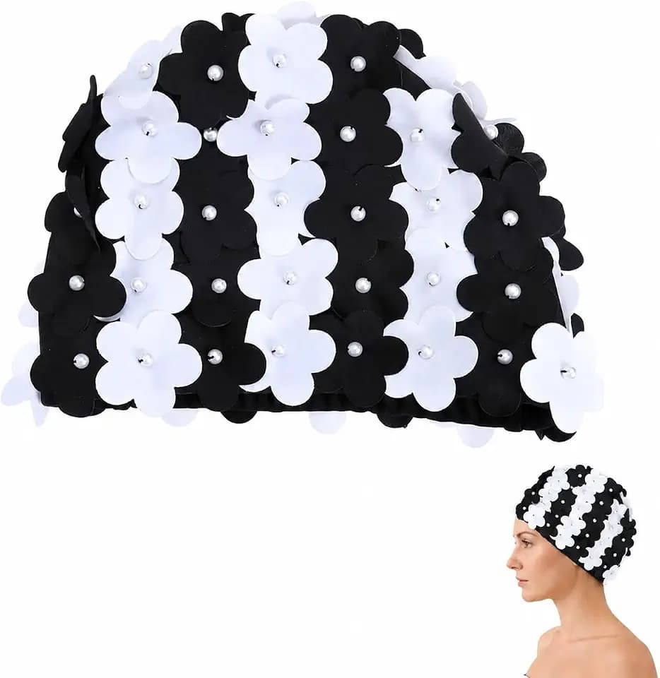 Toyvian Damen Badekappe mit Blumen, Retro Wasserdicht Schwimmkappe Badehaube mit 3D Blüten Elastischer Badehut für langes kurzes Haar für Aquafitness Pool