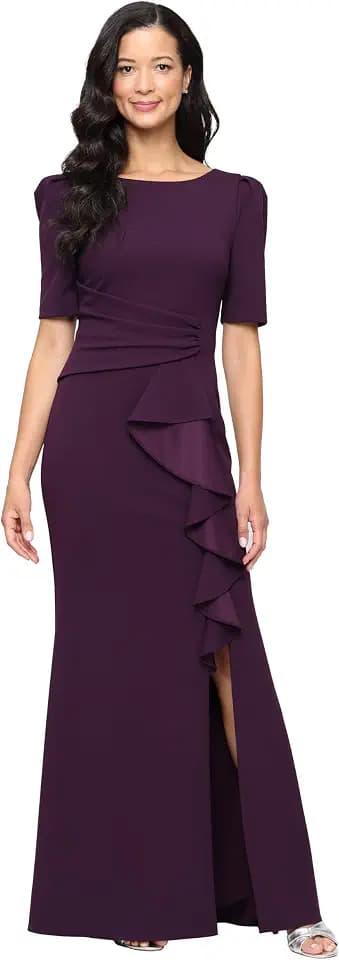 Alex Evenings Women's Stretch Crepe Dress with Puff Shoulder Elbow Sleeves, Tucked Waist Detail and Cascade Ruffle