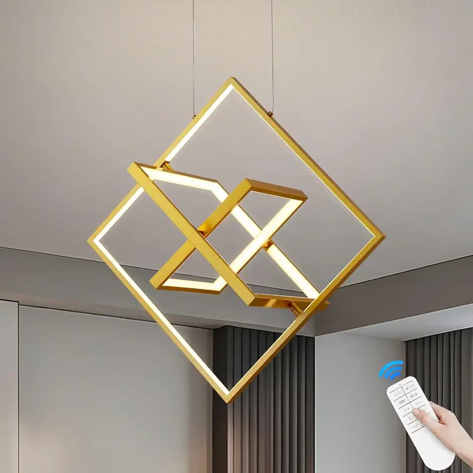 Modern Gold LED Square Chandelier,Adjustable Geometric Pendant Light with Remote Dimmable 3000K–6000K,Contemporary Hanging Light Fixture for Kitchen Island,Dining Room,Living Room