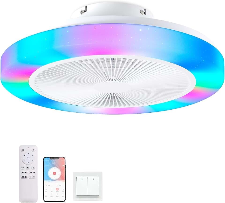 RGB Deckenventilator mit Beleuchtung, Dimmbar Deckenleuchte mit Ventilator Leise, RGB Deckenlampe mit Ventilator Fan mit Fernbedienung,6 Windstufen,3000K-6500K