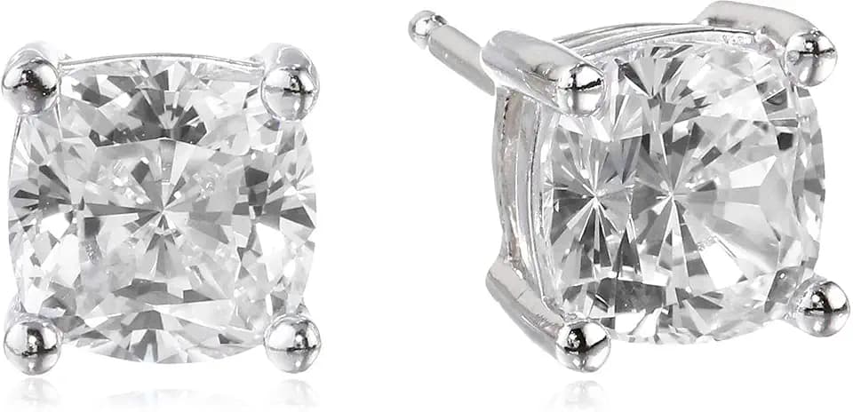 Amazon Essentials Platinum Plated Sterling Silver Cushion Cut Cubic Zirconia Stud Earrings