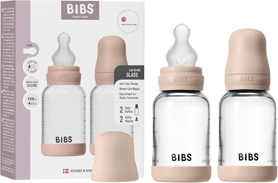 BIBS Babyflasche aus Glas, 120 ml, 2-pack, Silikon-Sauger, Blush