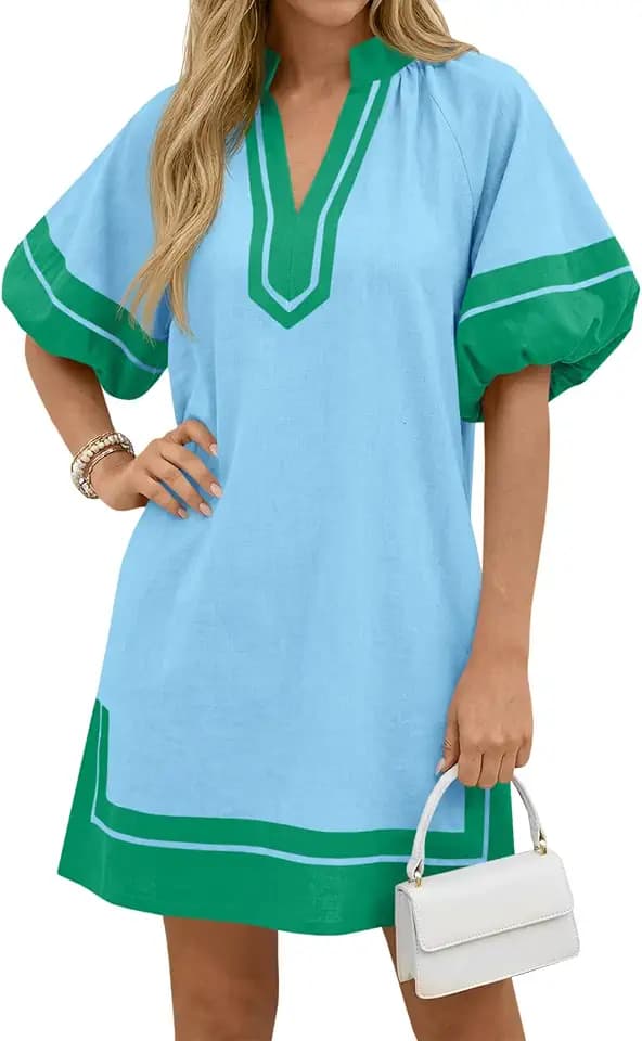 Wenrine Womens Summer Mini Dress Puff Sleeve Shirt Dresses