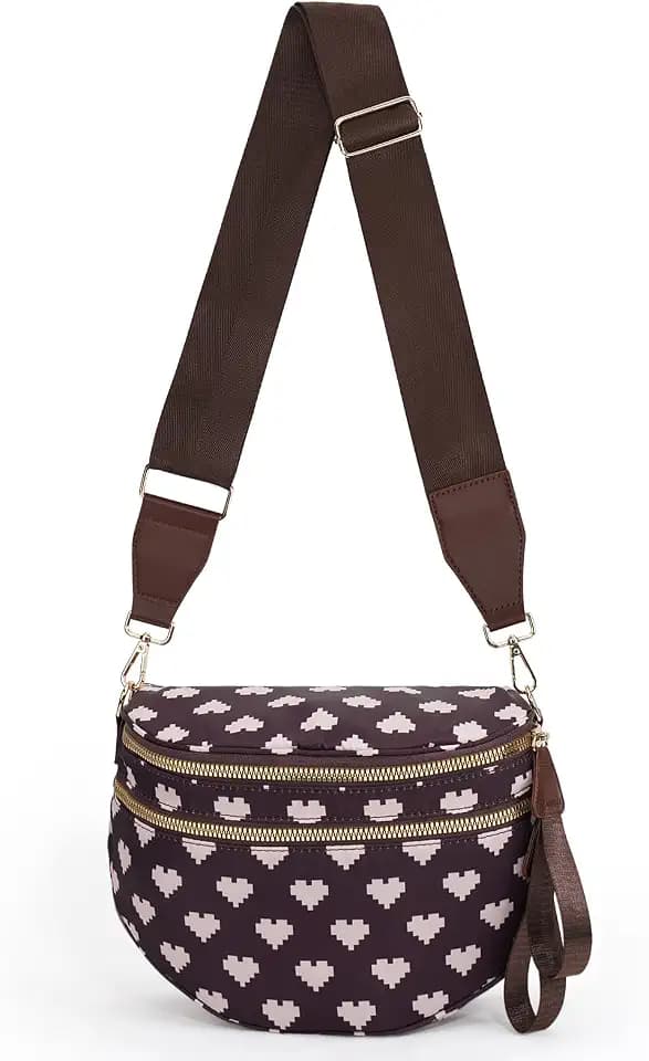 Crossbody Bags for Women, Spacious Nylon Belt Purse Fanny Packs, Crescent Oversized Checkered Bum Bag (Heart Print - Coffee)