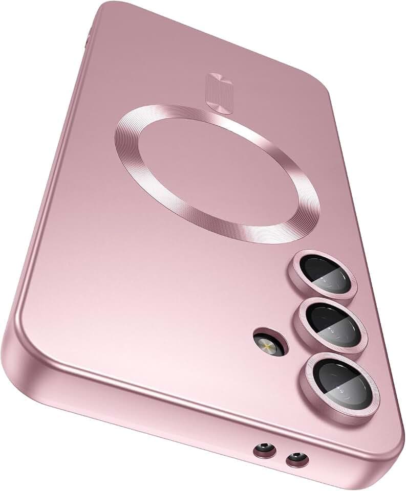LEKEVO Magnetische Schutzhülle für Samsung Galaxy S25 Plus, kompatibel mit MagSafe, integrierter Kameralinsenschutz, schlank, weiches Silikon, stoßfest, metallischer Glanz, Roségold
