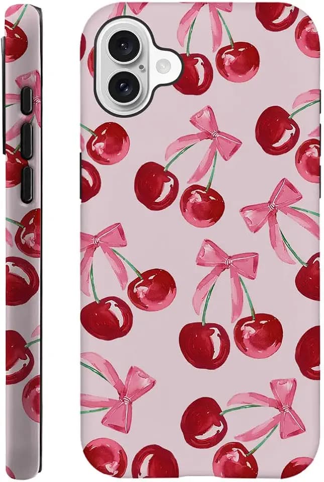 DAIZAG Case Compatible with for iPhone 16,Pink Ribbon Bow Cherry Colorful Phone Case for iPhone 16 for Girl Women Boy Men