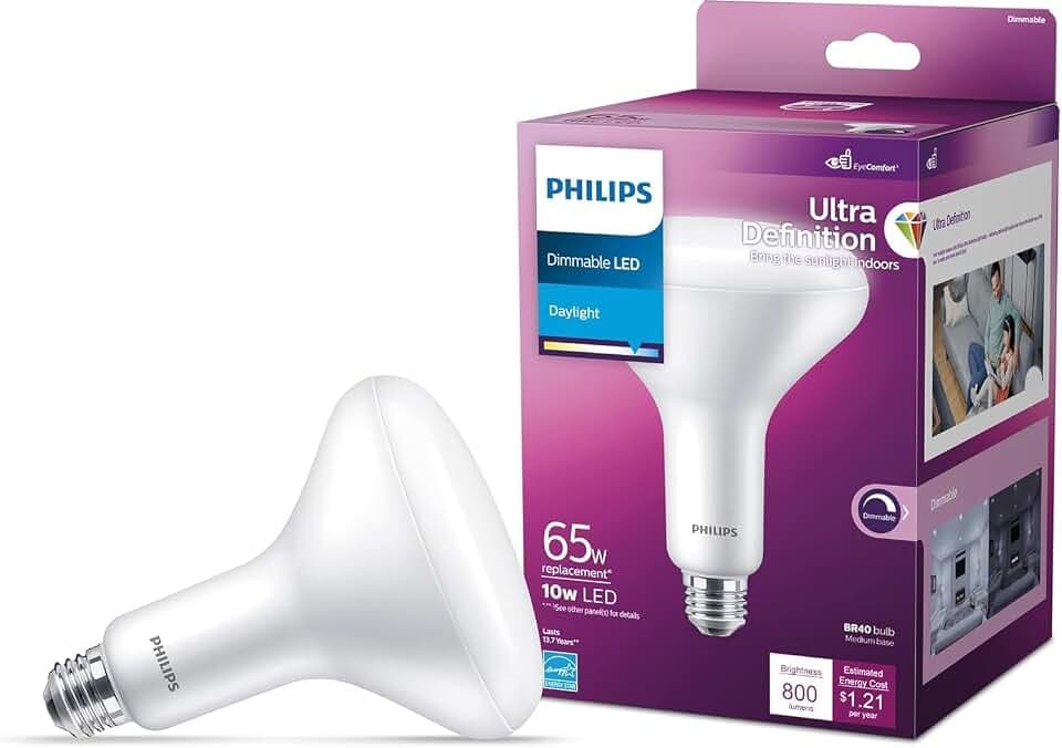 PHILIPS LED 65W BR40 1-Pack Ultra Definition Daylight (5000K) 800 Lumen (10W = 65W) Dimmable Frosted Flicker-Free Light Bulb