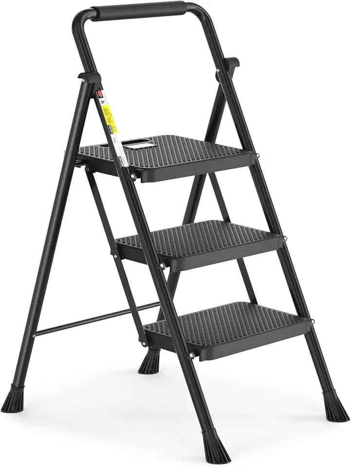 HBTower Trittleiter 3 Stufen klappbar, Leiter mit Breitem Anti-Rutsch-Pedal, Trittleiter mit Bequemer Handlauf, Tragbarer Tritthocker aus Stahl, Schwarz