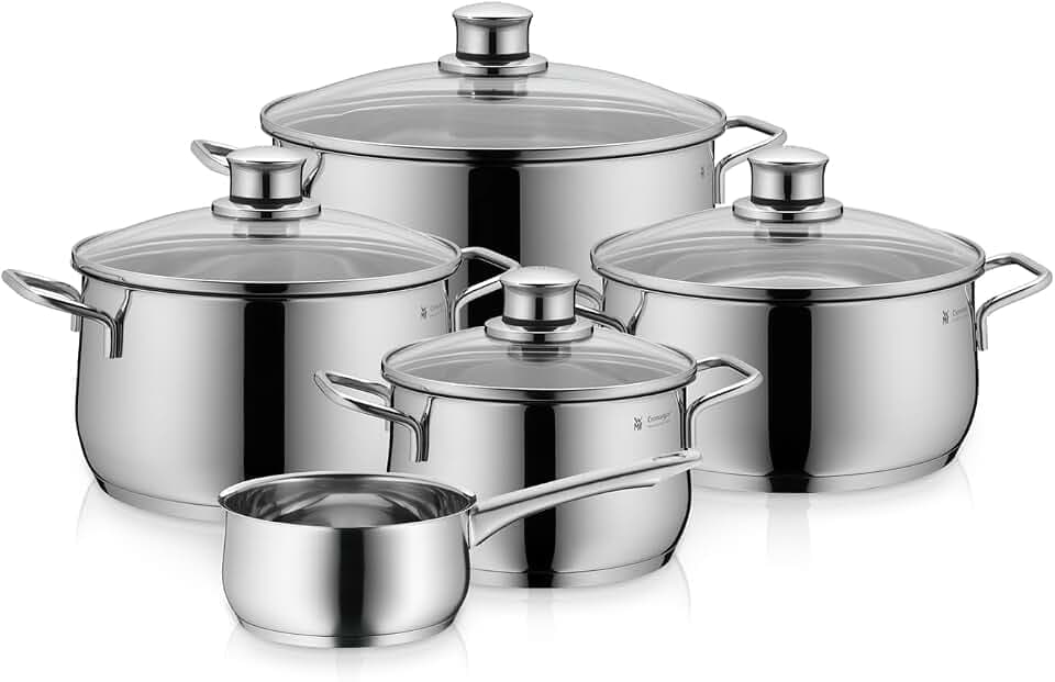 WMF Diadem Plus Topfset Induktion 5-teilig, Kochtopf Set mit Glasdeckel, Cromargan Edelstahl poliert, Induktions Töpfe Set unbeschichtet