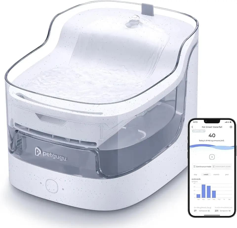 PETGUGU Katzenbrunnen App-Überwachung Trinkbrunnen für Katze Hund 2L, <20dB Ultra-Leise kabellose Pumpe, Automatischer Katzentrinkbrunnen mit Bewegungsmelder, Echtzeit-Trinkdaten, PF1 Marmor