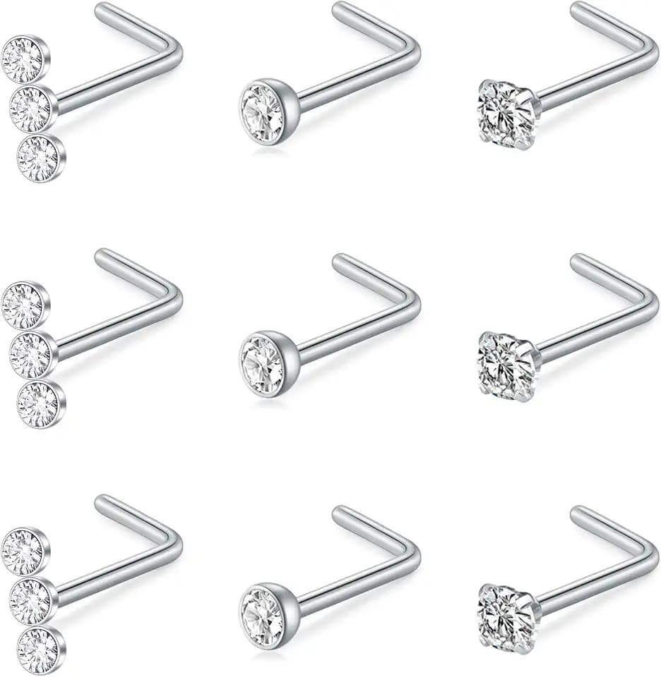 Mayhoop 20G Nose Rings Studs 316L Surgical Stainless Steel L Shape Bone Diamond Heart Corkscrew Nose Ring Nostril Piercing Jewelry For Women Men