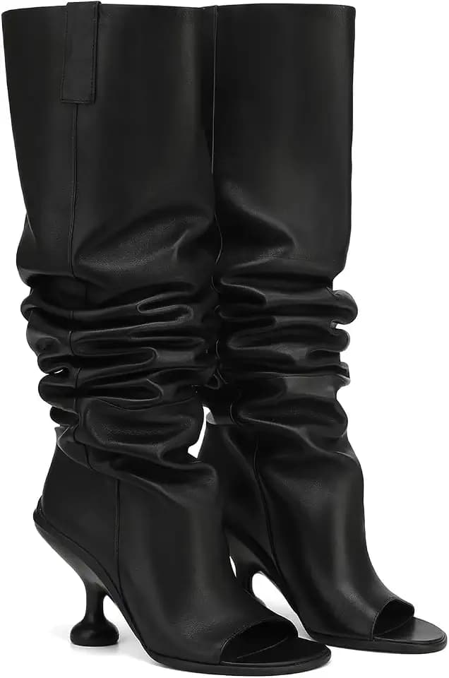 Women's Leather Knee High Boots Open Square Toe Pull On Slouchy Wide Calf Boots