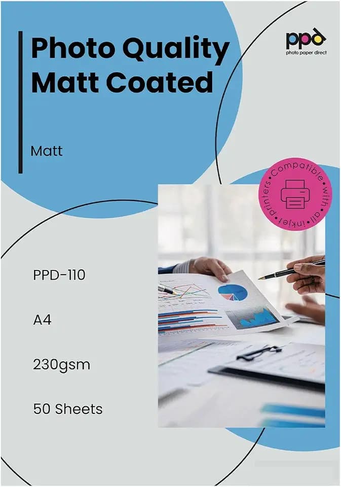 PPD 50 Blatt A4 230g Fotopapier Matt Inkjet | Hochwertiges Mattes Fotopapier für Reflektionsfreie Ausdrucke. Ideal für Flyer, Broschüren und Präsentationen. PPD-110-50