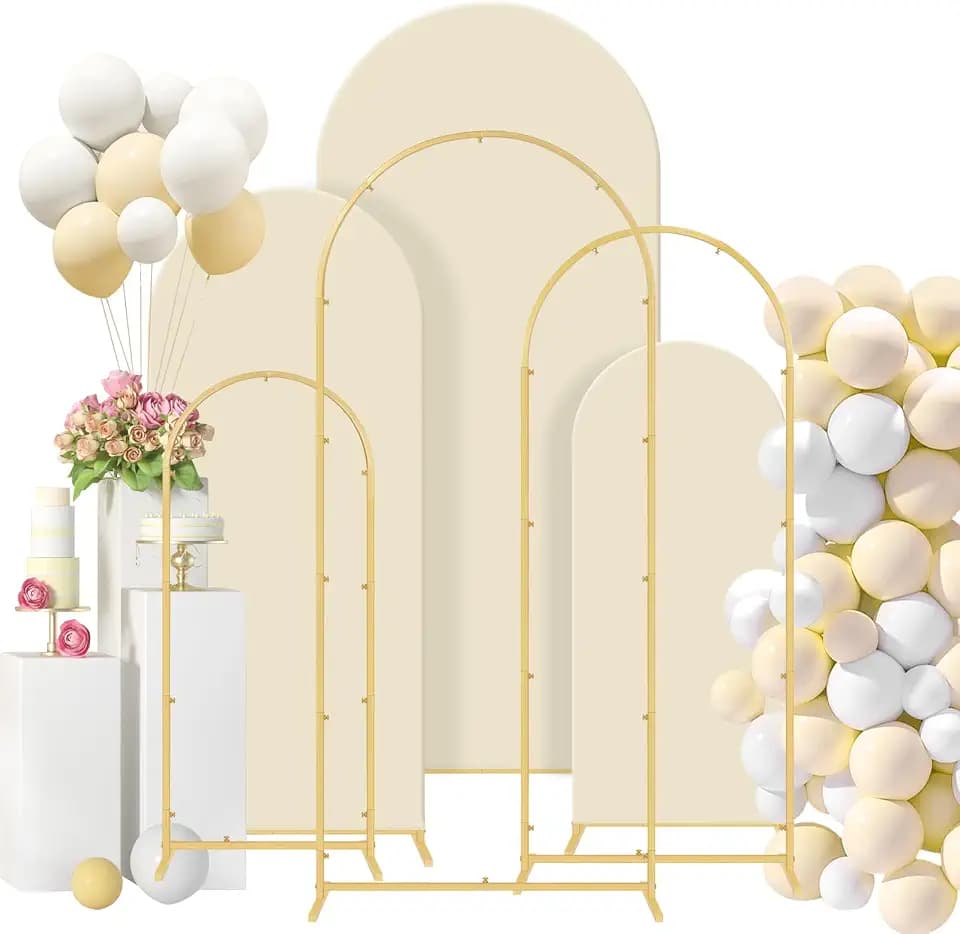 Gawicpy Wedding Arch Backdrop Stand Set Metal Arch Backdrop Stand with Wedding Arch Cover, Wedding Balloon Arch Backdrop Stand for Birthday, Baby Shower, Anniversary (Beige, 4FT+5FT+6FT)