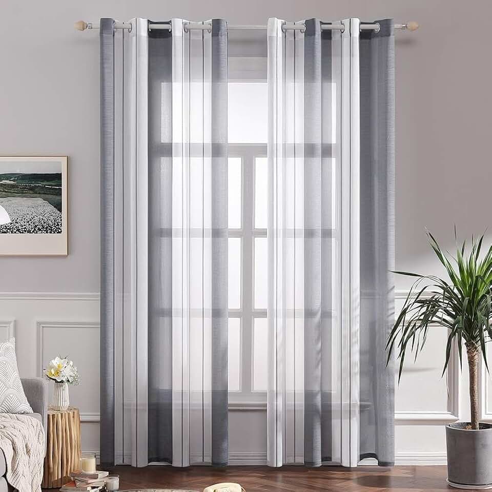 MIULEE Voile Gardinen Grau-Weiß mit Ösen 2er Set 140x270 cm