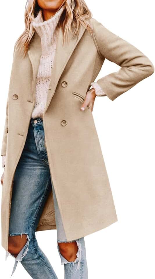 Cicy Bell Damen Mantel mit gekerbtem Reverskragen, zweireihig, Erbsenmantel, Wintermantel, Wollmischung, lange Jacken
