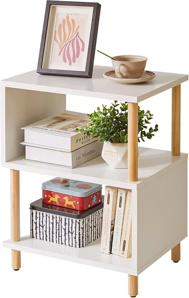 Aibiju Weißer Beistelltisch, Nachttisch， Kaffeetisch, Sofatisch mit 2 offenen Fächern für Schlafzimmer, Wohnzimmer, Weiße + holzfarbene Beine, YD-TM152W