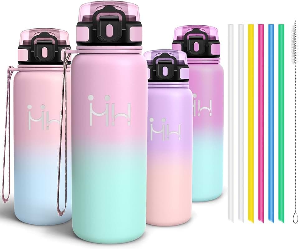 Motswedi Trinkflasche, 750ml Auslaufsicher, mit Bürste, Flasche mit Strohhalm, Flaschen, mit 6 Strohhalm, Doppelschichtiges Isolationsdesign, Wasserflasche Edelstahl - Hellrosa & Hellgrün