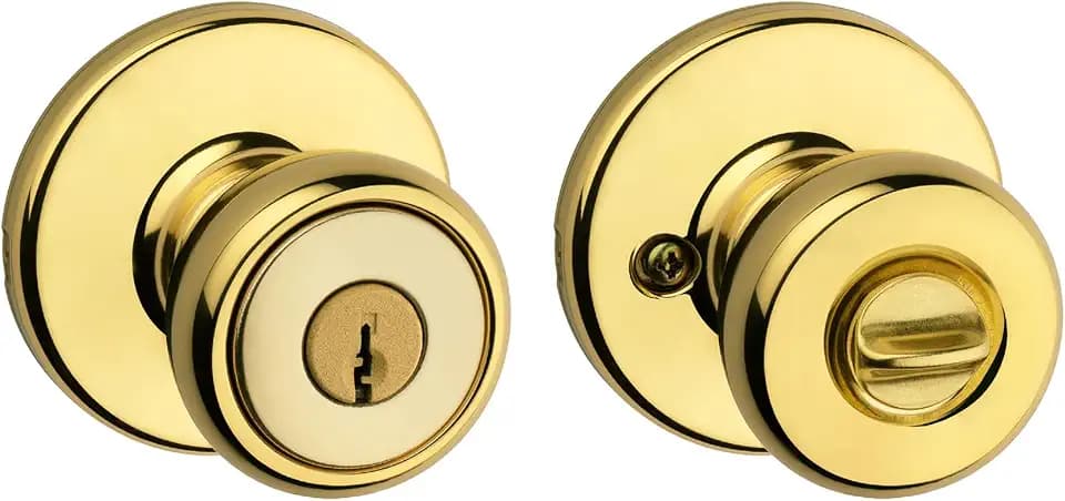 Kwikset Tylo Entry Door Knob with Lock and Key, Secure Keyed Handle Exterior Doorlock, Doorknob For Front Entrance and Bedrooms in Polished Brass