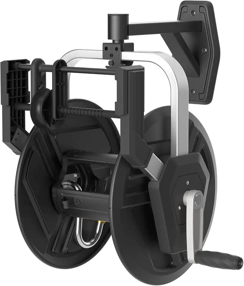 Giraffe Tools Garden Hose Reel Wall Mount, 125FT 5/8" Hose Capacity, Heavy Duty Water Hose Reel for Outside, Retractable Hose Guide with Crank, 210° Swivel, for Yard Lawn Garage