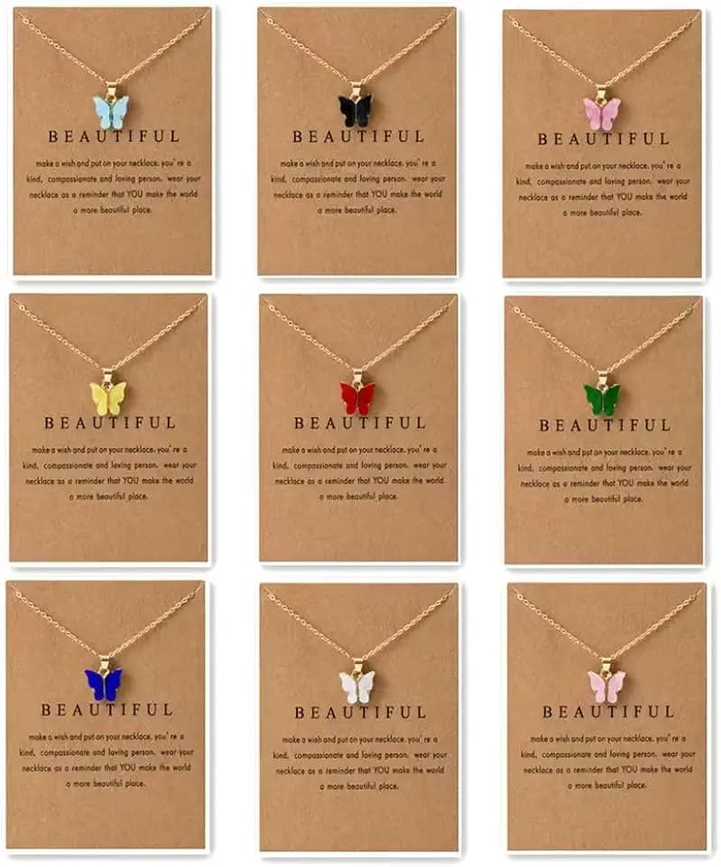 9Pcs Colorful Acrylic Butterfly Pendant Necklace Set,Bohemian Adjustable Clavicle Chain Insect Animal Necklaces Friendship Lover Bulk Gifts for Women