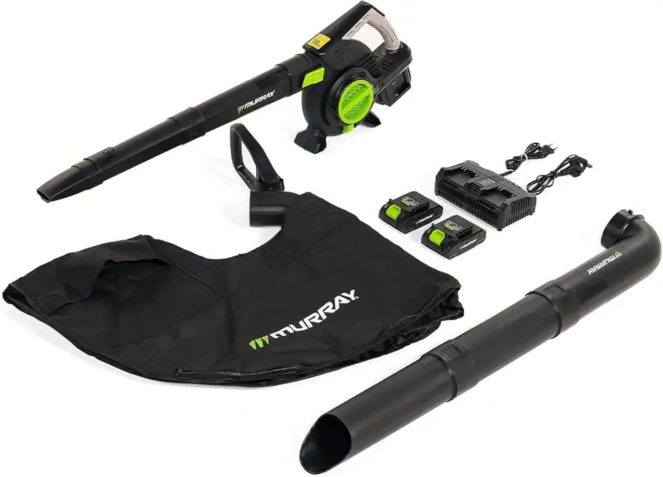 Murray 20V Akku Laubbläser und Laubstaubsauger 3‑in‑1 MU-BAT-VB270-KIT - Bürstenloser Motor, Intelligente Steuerung, 4TURBO - Geschwindigkeiten, 45L Staubbeutel, Schnellmontage‑Design
