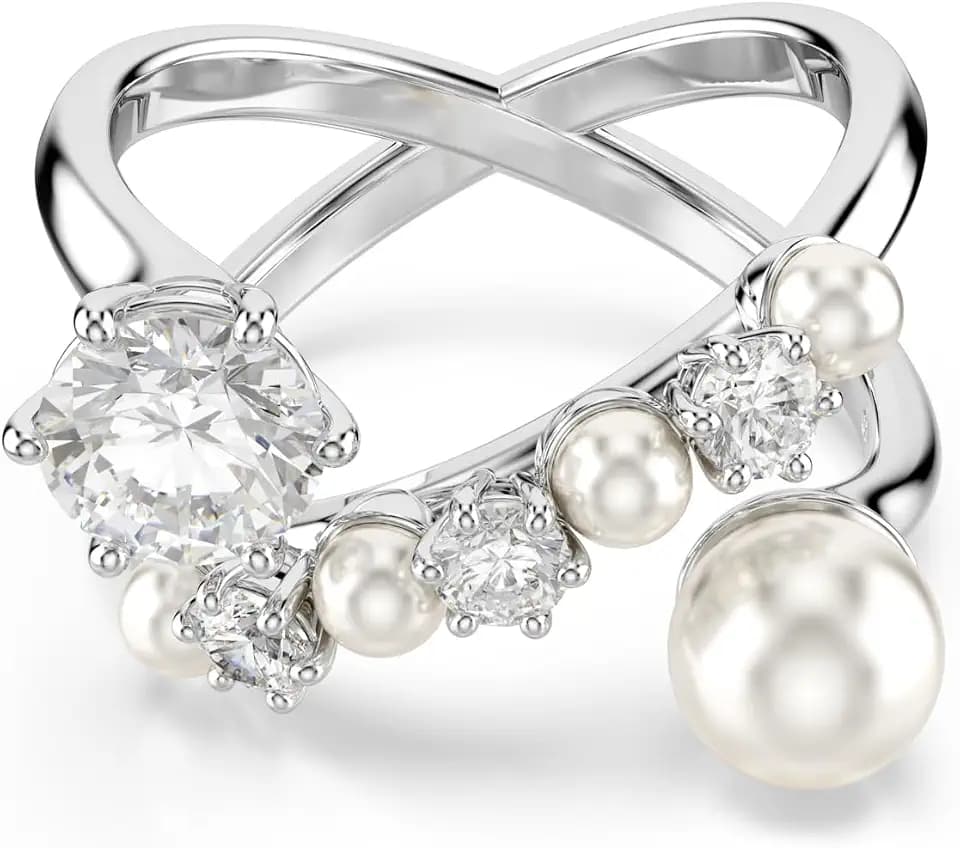 Swarovski Matrix cocktail ring, Crystal pearl, Round cut, clear, Rhodium finish