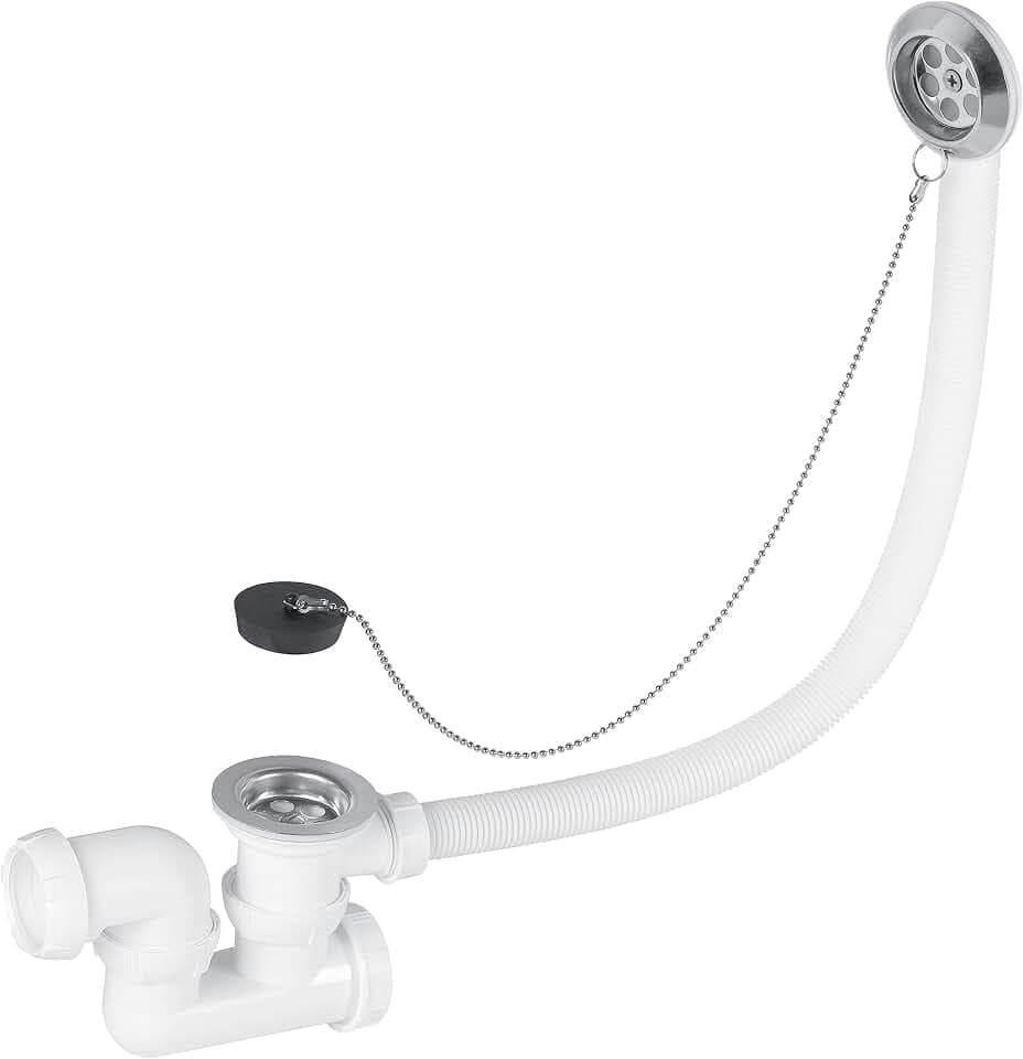 Wirquin SP5502 Ablaufgarnitur/Überlaufgarnitur mit Kette, mit siphon | Ablaufgarnitur für Badewanne, 700 mm, Stöpsel, Kette 450 mm, hergestellt in Frankreich, verchromt